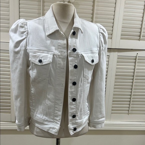 New Retrofete Women's White Denim Jacket with Puff Shoulders - Picture 5 of 11